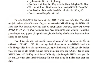 Công văn cảnh báo mạo danh nhân viên cơ quan Bảo hiểm xã hội thành phố Cần Thơ. 