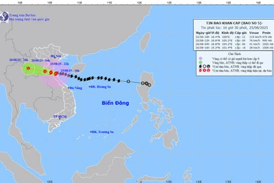 Bản đồ dự báo quỹ đạo và cường độ bão số 5 lúc 16 giờ 30 ngày 25/8.