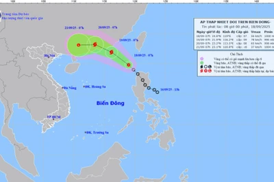 Bản đồ dự báo quỹ đạo và cường độ áp thấp nhiệt đới phát lúc 8 giờ ngày 18/9.