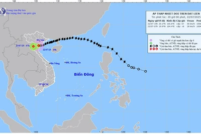 Bản đồ dự báo quỹ đạo và cường độ áp thấp nhiệt đới do Trung tâm Dự báo khí tượng thủy văn quốc gia phát lúc 20 giờ ngày 22/7.