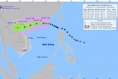 Bản đồ dự báo quỹ đạo và cường độ bão số 3 phát lúc 11 giờ ngày 20/7. (Ảnh: Trung tâm Dự báo khí tượng thủy văn quốc gia)