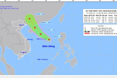 Bản đồ dự báo quỹ đạo và cường độ áp thấp nhiệt đới lúc 14 giờ ngày 24/6.