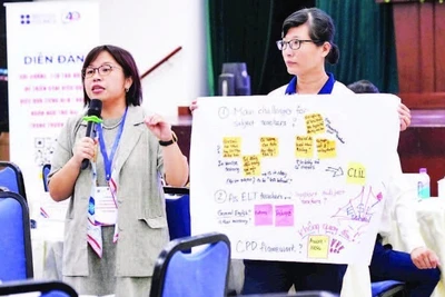 Các chuyên gia trang bị kiến thức cho giáo viên tiếng Anh tại diễn đàn “Bồi dưỡng, đào tạo đội ngũ để triển khai hiệu quả việc đưa tiếng Anh thành ngôn ngữ thứ hai trong trường học”.