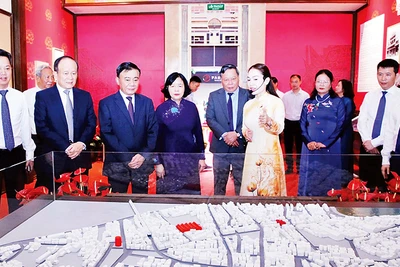 Các đại biểu nghe giới thiệu về di tích Nhà số 48 phố Hàng Ngang, nơi Bác Hồ viết Tuyên ngôn Độc lập.