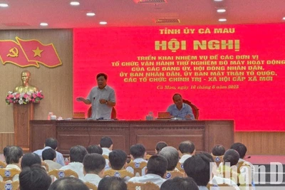 Chủ tịch Ủy ban nhân dân tỉnh Cà Mau Phạm Thành Ngại (đứng trên) phát biểu tại hội nghị chiều 16/6.