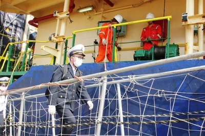 Cán bộ, nhân viên Trung tâm Kiểm dịch y tế quốc tế (Sở Y tế Hải Phòng) tăng cường công tác kiểm soát dịch bệnh tại các tàu quốc tế đến Hải Phòng. (Ảnh: HOÀNG HUẾ)