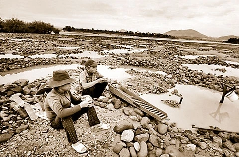 Một đoạn sông Ba sau đập thủy điện An Khê - Ka Nak đã trở nên cạn kiệt. Trong ảnh: Một cặp vợ chồng đãi cát tìm vàng giữa sông Ba đoạn thuộc địa phận thị trấn Củng Sơn, huyện Sơn Hòa, tỉnh Phú Yên. Ản