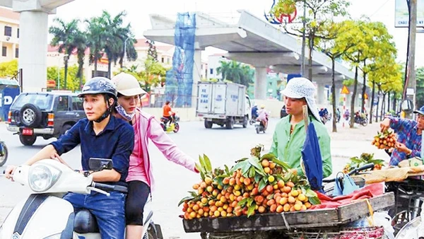 Người dân mua hoa quả ở các hàng rong trên phố Hồ Tùng Mậu. Ảnh: CHÍ HIẾU