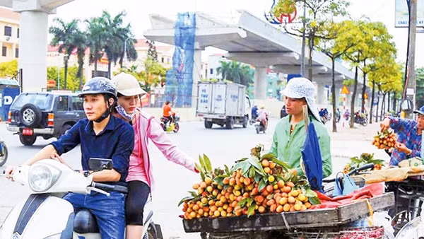 Người dân mua hoa quả ở các hàng rong trên phố Hồ Tùng Mậu. Ảnh: CHÍ HIẾU