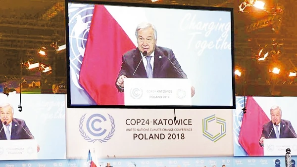 Tổng Thư ký Liên hợp quốc phát biểu tại Hội nghị về chống biến đổi khí hậu ở Ba Lan. Ảnh ROI-TƠ