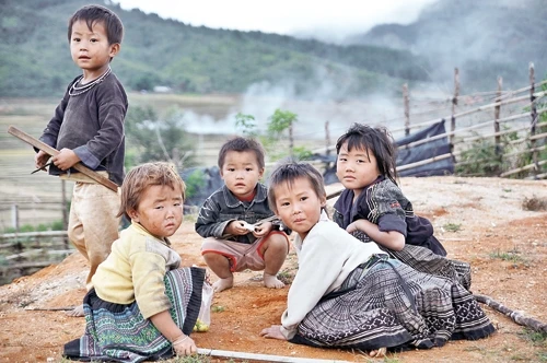 Mấy đứa trẻ đầu tóc bù xù, ngó nghiêng xem khách. 