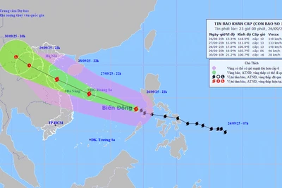 Bão số 10 di chuyển rất nhanh về phía vùng biển và đất liền khu vực Bắc Trung Bộ và Bắc Bộ nước ta, càng vào gần bờ biển nước ta bão càng mạnh lên. (Ảnh: VGP)