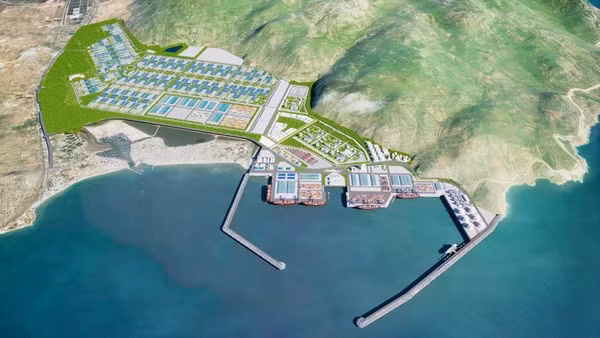 Thiết kế mô phỏng Nhà máy điện khí LNG Cà Ná công suất 1.500MW có tổng đầu tư hơn 57.384 tỷ đồng, do Liên danh Trung Nam-Sideros River đầu tư. Dự tính khởi công vào cuối năm 2026 và hướng tới vận hành vào cuối tháng 12/2030. (Ảnh: PHƯƠNG THẢO)