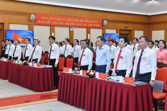 Các đồng chí lãnh đạo Đảng, Nhà nước và các đại biểu dự Đại hội Đảng bộ cơ quan Ủy ban Kiểm tra Trung ương. (Ảnh ĐĂNG KHOA)