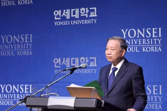Tổng Bí thư Tô Lâm phát biểu chính sách tại Trường Đại học Yonsei. (Ảnh: Thống Nhất-TTXVN) 
