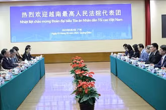 Đoàn đại biểu cấp cao Tòa án nhân dân tối cao Việt Nam (phải) làm việc với Tòa án nhân dân cấp cao tỉnh Quảng Đông (Trung Quốc). (Ảnh: Công Tuyên/TTXVN) 