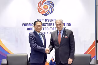 Phó Thủ tướng, Bộ trưởng Ngoại giao Bùi Thanh Sơn gặp Bộ trưởng Ngoại giao New Zealand Winston Peters. (Ảnh: Bộ Ngoại giao Việt Nam)