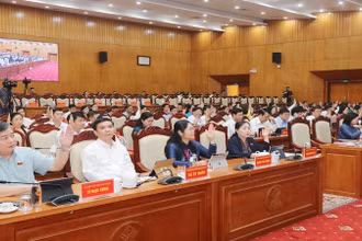 Các đại biểu biểu quyết thông qua nghị quyết. (Ảnh: TUẤN SƠN)