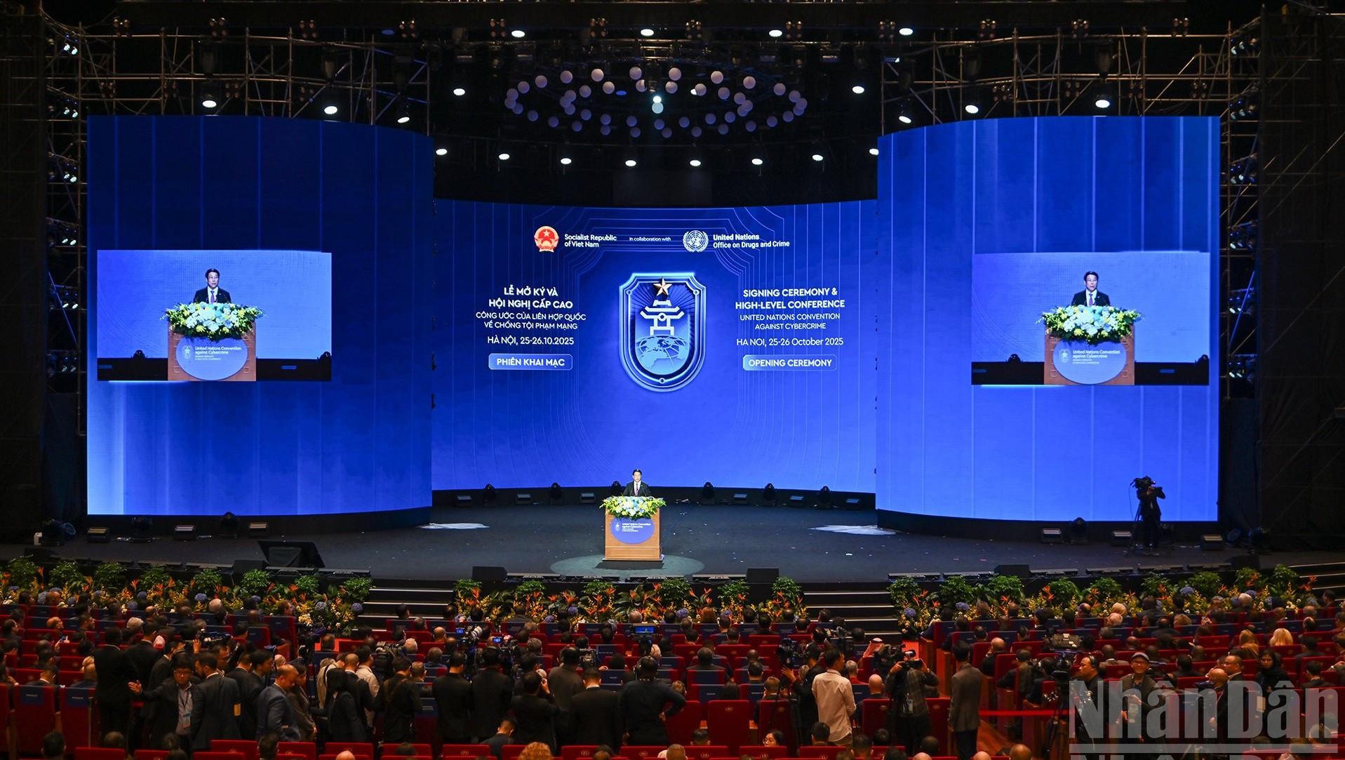 Chủ tịch nước Lương Cường phát biểu tại Lễ mở ký Công ước Hà Nội. (Ảnh: THỦY NGUYÊN)