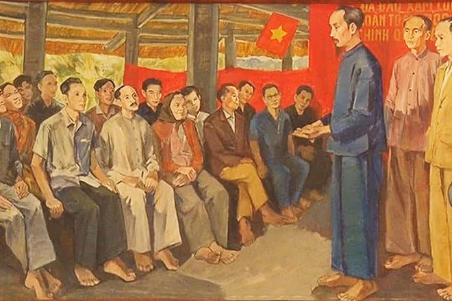 Chủ tịch Hồ Chí Minh nói chuyện với đại biểu Đại hội Quốc dân Tân Trào. Tranh sơn dầu của họa sĩ Cao Thương