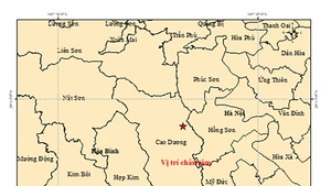 Bản đồ tâm chấn động đất tại xã Cao Dương, tỉnh Phú Thọ. (Nguồn: Trung tâm Báo tin động đất và Cảnh báo sóng thần, Viện Các khoa học trái đất)