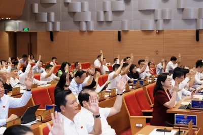 Các đại biểu Hội đồng nhân dân thành phố Hà Nội thống nhất thông qua nội dung kỳ họp.