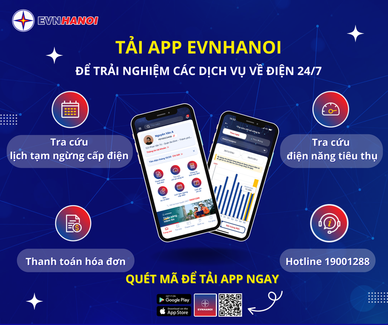 Tải App EVNHANOI để trải nghiệm dịch vụ 24/7. (Ảnh: EVNHANOI) app-evnhanoi-1.png