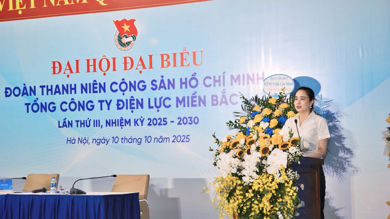 Đồng chí Đỗ Nguyệt Ánh - Bí thư Đảng ủy, Chủ tịch Hội đồng thành viên Tổng công ty Điện lực miền Bắc EVNNPC phát biểu tại Đại hội. chu-tich-hdtv-evnnpc-do-nguyet-anh-phat-bieu-chi-dao-tai-dai-hoi.jpg