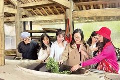 Du khách trải nghiệm sao trà bằng chảo gang.