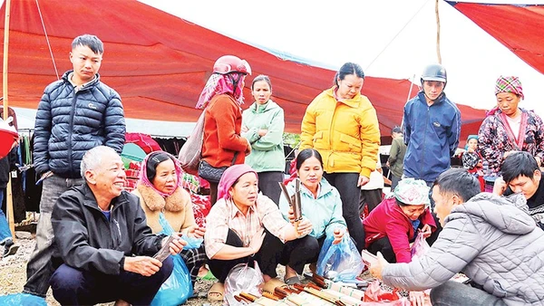 Người dân và khách du lịch tham quan chợ phiên Tủa Thàng.