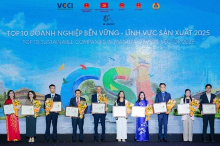 Đại diện Vinamilk (thứ 7 từ trái sang) nhận vinh danh tại Lễ công bố Doanh nghiệp Bền vững Việt Nam (CSI) 2025. (Ảnh: BTC)