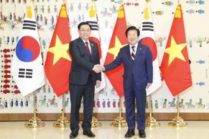 Chủ tịch Quốc hội Vương Đình Huệ và Chủ tịch Quốc hội Hàn Quốc Park Byeong-seug. (Ảnh: Doãn Tấn/TTXVN)