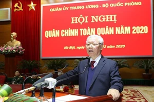 Tổng Bí thư, Chủ tịch nước Nguyễn Phú Trọng, Bí thư Quân ủy T.Ư phát biểu chỉ đạo Hội nghị. (Ảnh: TTXVN)