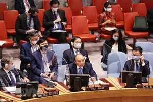 Chủ tịch nước Nguyễn Xuân Phúc phát biểu tại Phiên thảo luận cấp cao của HĐBA về biến đổi khí hậu. (Ảnh: TTXVN)