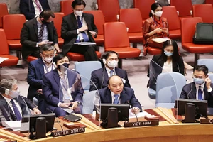 Chủ tịch nước Nguyễn Xuân Phúc phát biểu tại Phiên thảo luận cấp cao của Hội đồng Bảo an về biến đổi khí hậu. Ảnh: TTXVN