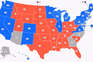 Đảng Dân chủ chiến thắng tại các bang màu xanh, đảng Cộng hòa giành chiến thắng tại các bang màu đỏ. (Nguồn: CNN)