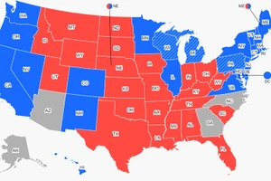 Đảng Dân chủ chiến thắng tại các bang màu xanh, đảng Cộng hòa giành chiến thắng tại các bang màu đỏ. (Nguồn: CNN)