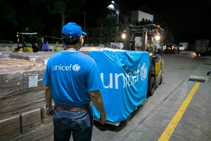 Nhân viên UNICEF đang nhận sản phẩm điều trị suy dinh dưỡng tại sân bay Nội Bài (Ảnh: UNICEF Việt Nam/Trương Việt Hùng). 