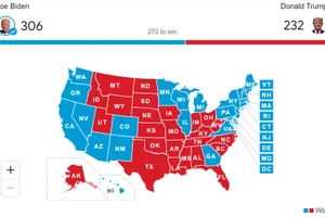 Đảng Dân chủ chiến thắng tại các bang màu xanh, đảng Cộng hòa giành chiến thắng tại các bang màu đỏ. (Nguồn: AP)