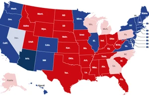 Ông Biden giành chiến thắng ở bang có màu xanh đậm, ông Trump giành chiến thắng ở bang có màu đỏ đậm. (Nguồn: Guardian)