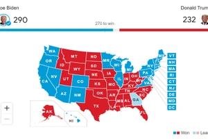 Đảng Dân chủ chiến thắng tại các bang màu xanh đậm, đảng Cộng hòa giành chiến thắng tại các bang màu đỏ. (Nguồn: AP)