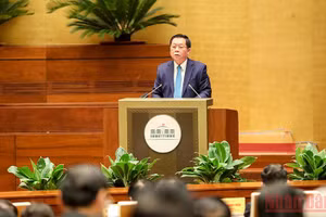 Bí thư Trung ương Đảng, Trưởng Ban Tuyên giáo Trung ương Nguyễn Trọng Nghĩa trình bày báo cáo tại Hội nghị. (Ảnh: Đăng Khoa)