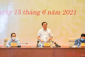 Chủ tịch Quốc hội Vương Đình Huệ phát biểu ý kiến tại buổi làm việc. 