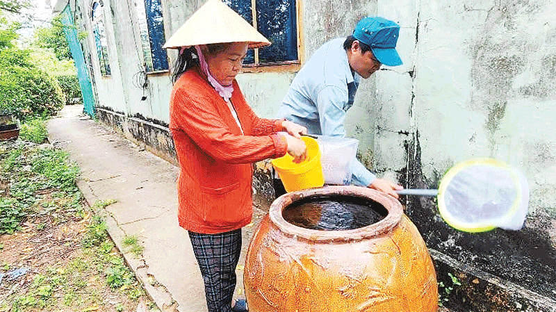 Người dân xã Trần Đề diệt loăng quăng chống dịch.