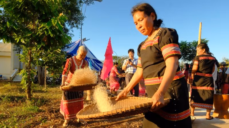 Đồng bào Xtiêng thi dã gạo trong Lễ hội Mừng lúa mới