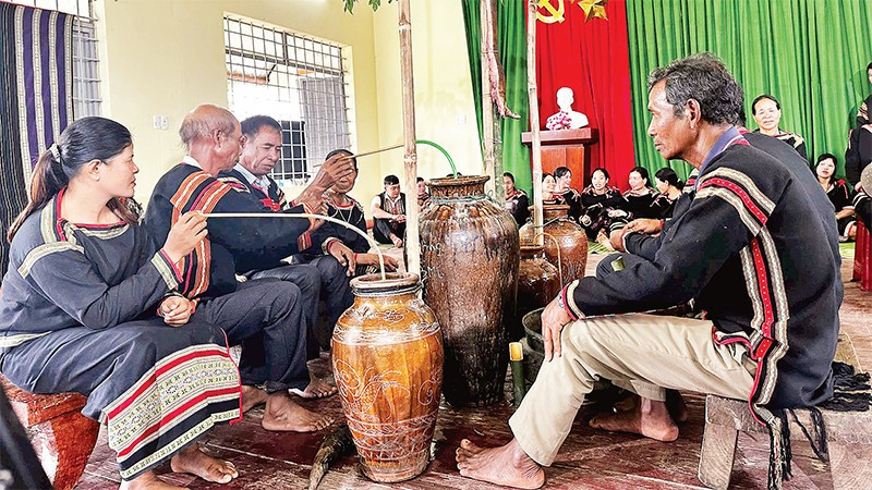  Người Mnông vui uống rượu cần trong lễ dạm ngõ.