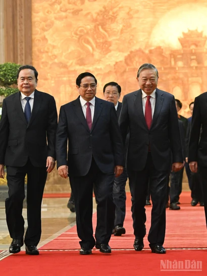 Tổng Bí thư Tô Lâm, Chủ tịch nước Lương Cường, Thủ tướng Phạm Minh Chính, Chủ tịch Quốc hội Trần Thanh Mẫn dự Hội nghị.