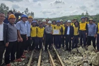 Thứ trưởng Xây dựng Nguyễn Danh Huy (mũ trắng, áo xám, đứng giữa) thị sát chỉ đạo công trường khắc phục sự cố đường sắt và tặng quà công nhân thi công.