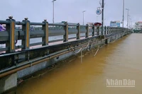 Nước lũ đã chạm dầm cầu Châu Ổ (lý trình Km1036+ 261 tuyến quốc lộ 1 qua địa bàn xã Bình Sơn, tỉnh Quảng Ngãi), uy hiếp an toàn công trình.