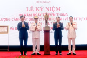 Thủ tướng Chính phủ Lê Minh Hưng và Trưởng ban Tổ chức Trung ương Nguyễn Duy Ngọc trao quà của Tổng Bí thư, Chủ tịch nước Tô Lâm gửi tặng lực lượng Cục Cảnh sát Quản lý hành chính về trật tự xã hội.